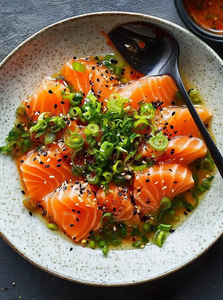 Salmon Crudo with Spicy Scallions Sauce and Crispy Carrots