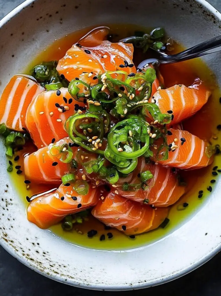Salmon Crudo with Spicy Scallions Sauce and Crispy Carrots