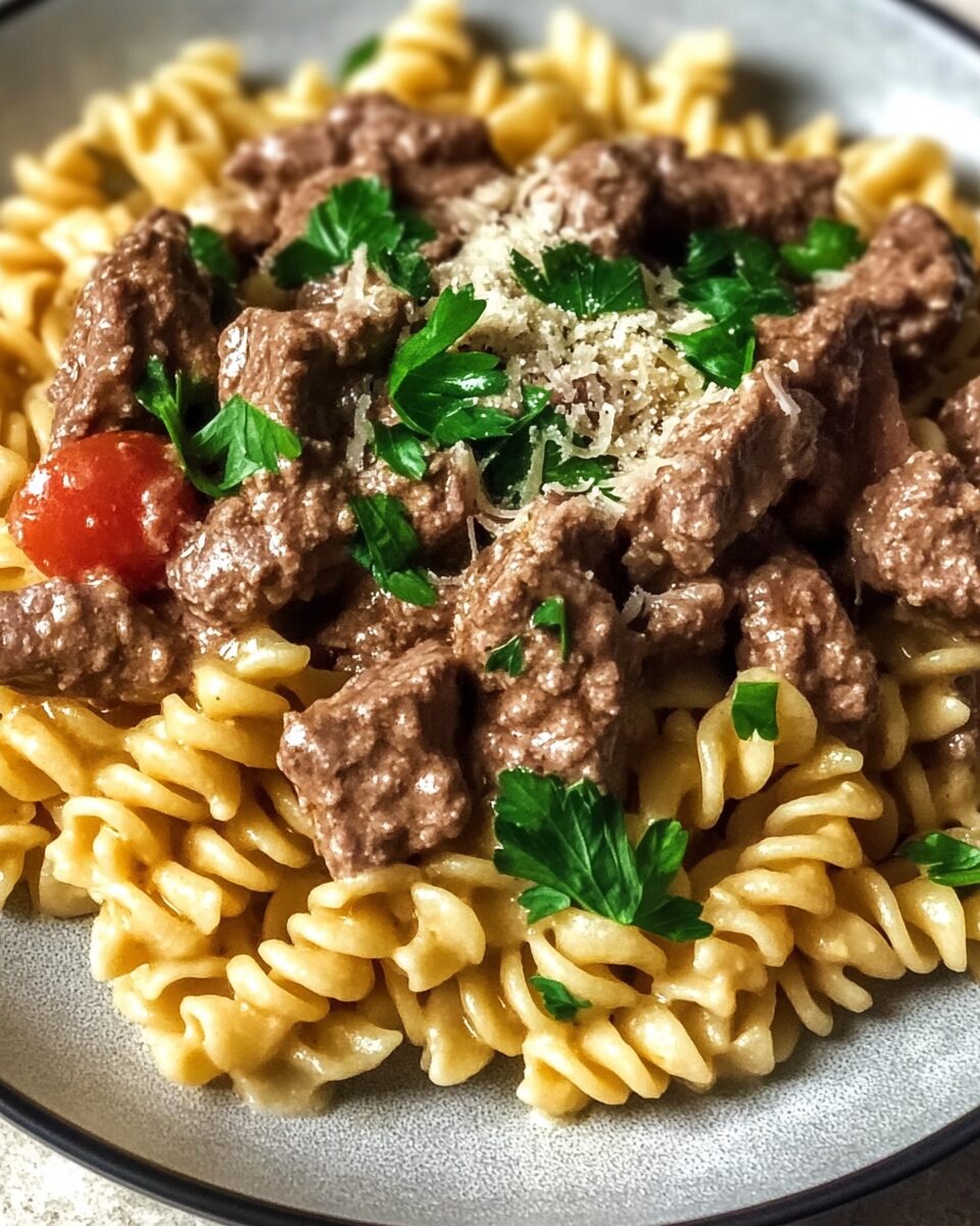 Beef and Rotini in Garlic Parmesan Sauce