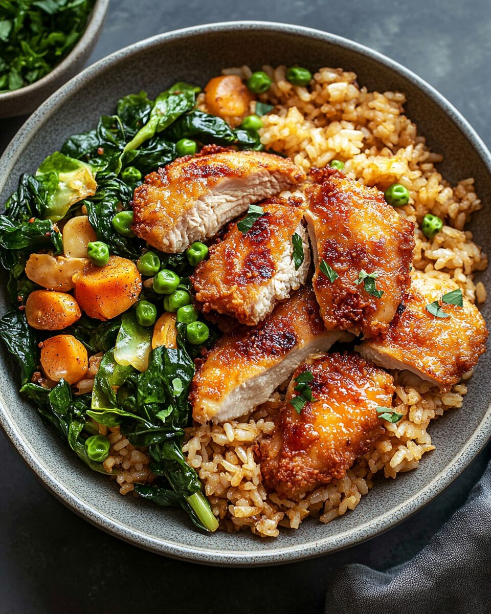 Crispy Chicken with Greens Fried Rice