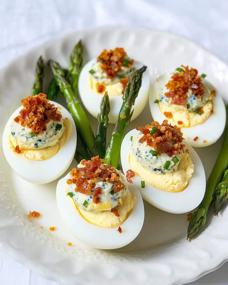 Bacon Blue Deviled Eggs with Roasted Garlic and Asparagus