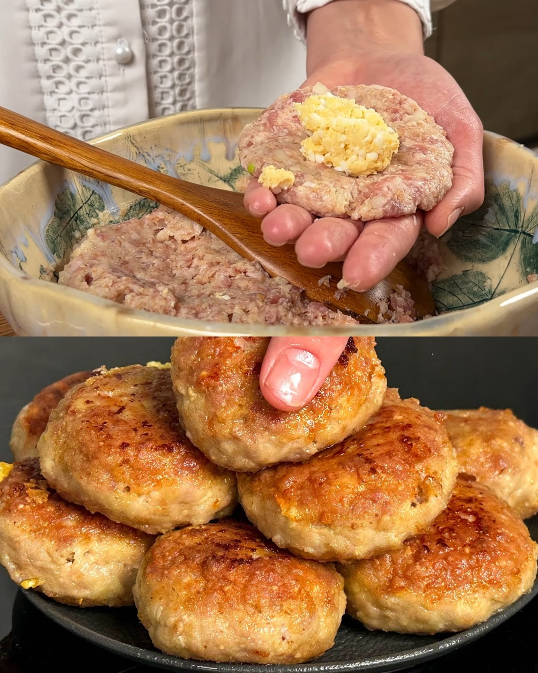 Cheese & Egg–Stuffed Meat Patties with Crispy Potato Coating