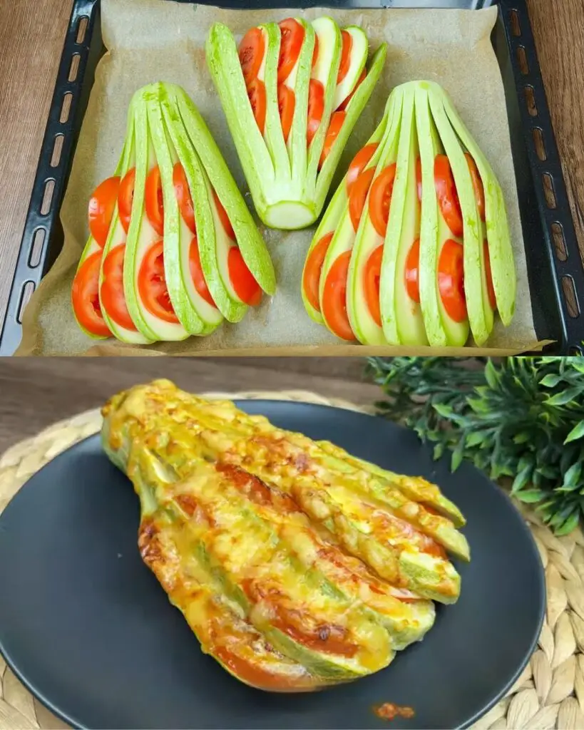 Zucchini & Tomato Fan Bake with Garlic Sour Cream and Melty Cheese