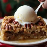 The Cozy Magic of Pecan Pie Dump Cake Recipe (No Crust Needed!) A serving of pecan pie dump cake with a scoop of vanilla ice cream
