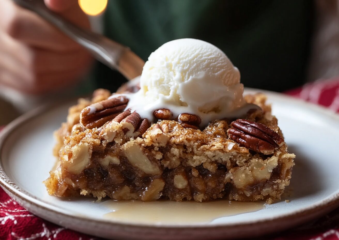 Slice of pecan pie dump cake recipe served with vanilla ice cream