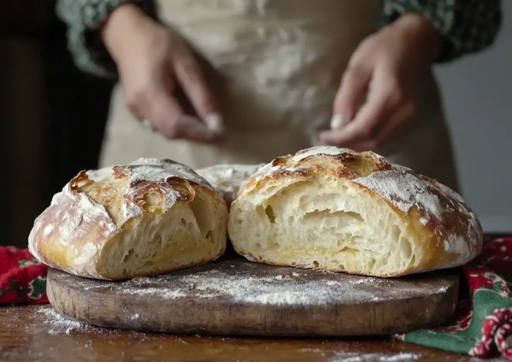 airy interior of ciabatta bread on wooden board