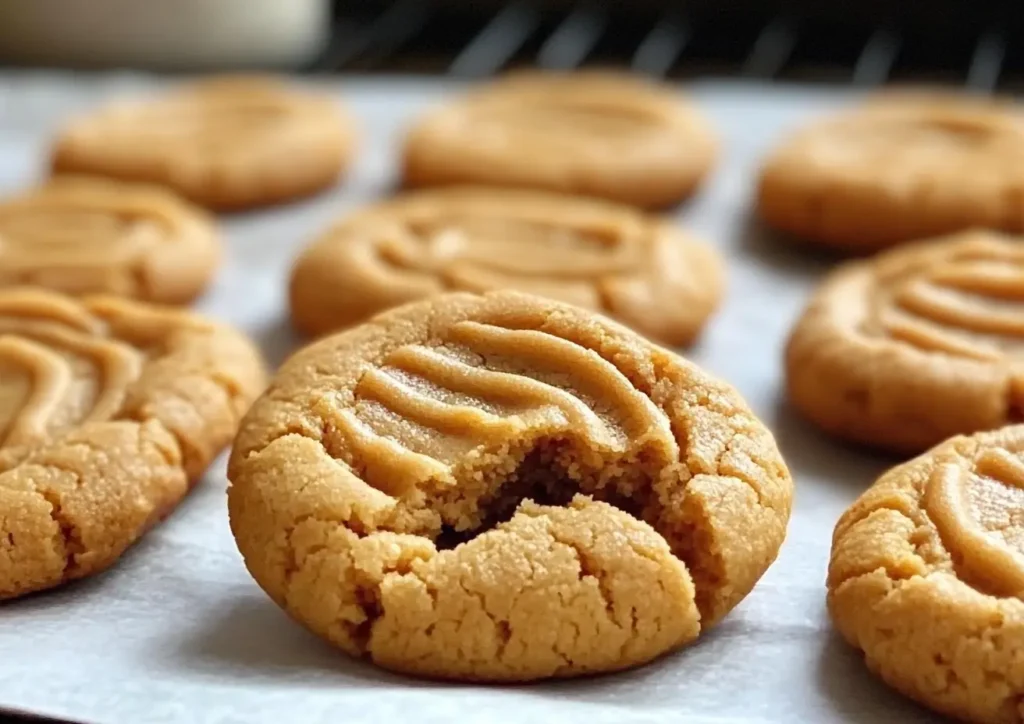 Close-up of thick and chewy peanut butter cookie showing soft cookies interior and classic fork marks