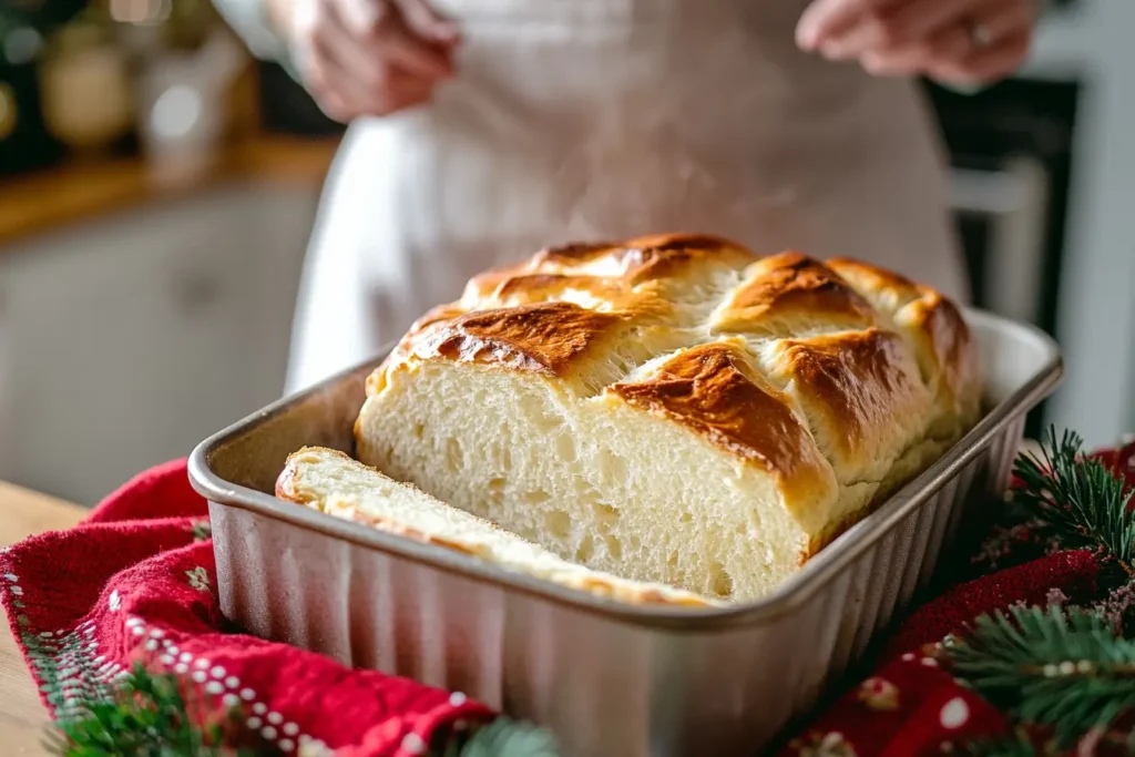 Vegan no knead bread fresh from oven in loaf pan