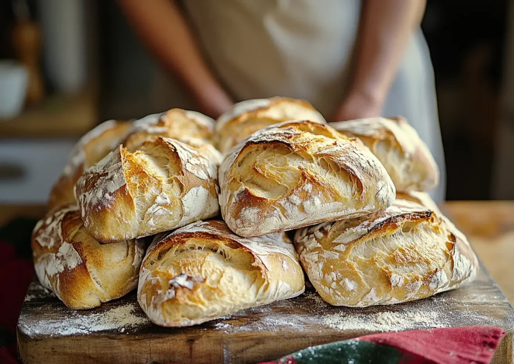 Homemade no-knead ciabatta bread with crispy crust and airy interior on wooden board