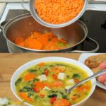 Hearty Red Lentil Vegetable Soup with Spiced Croutons