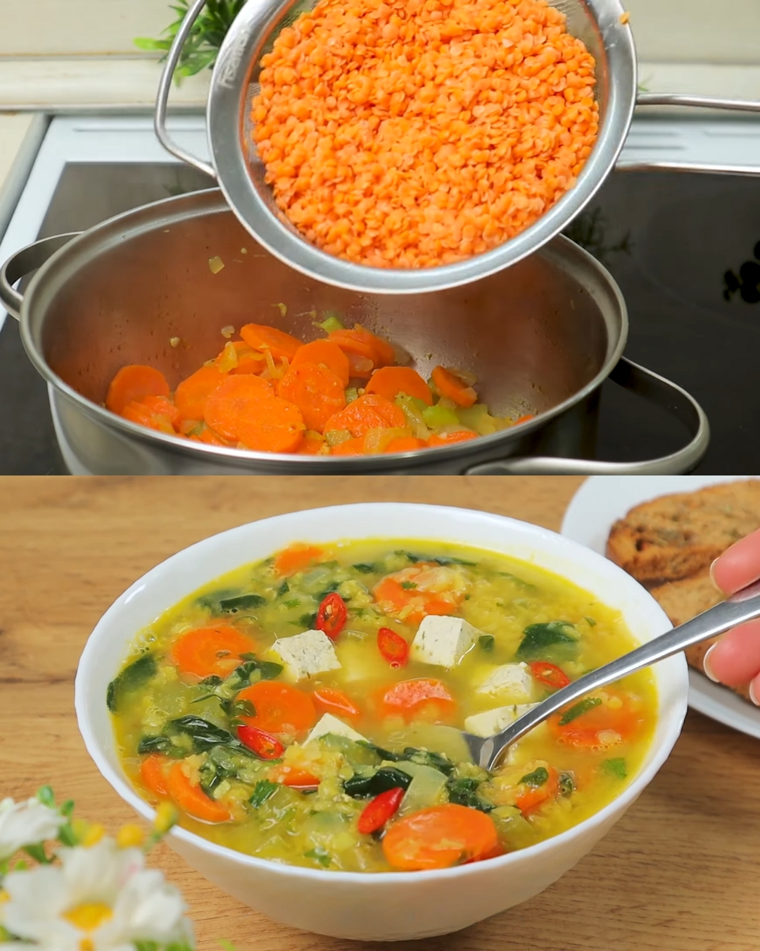 Hearty Red Lentil Vegetable Soup with Spiced Croutons