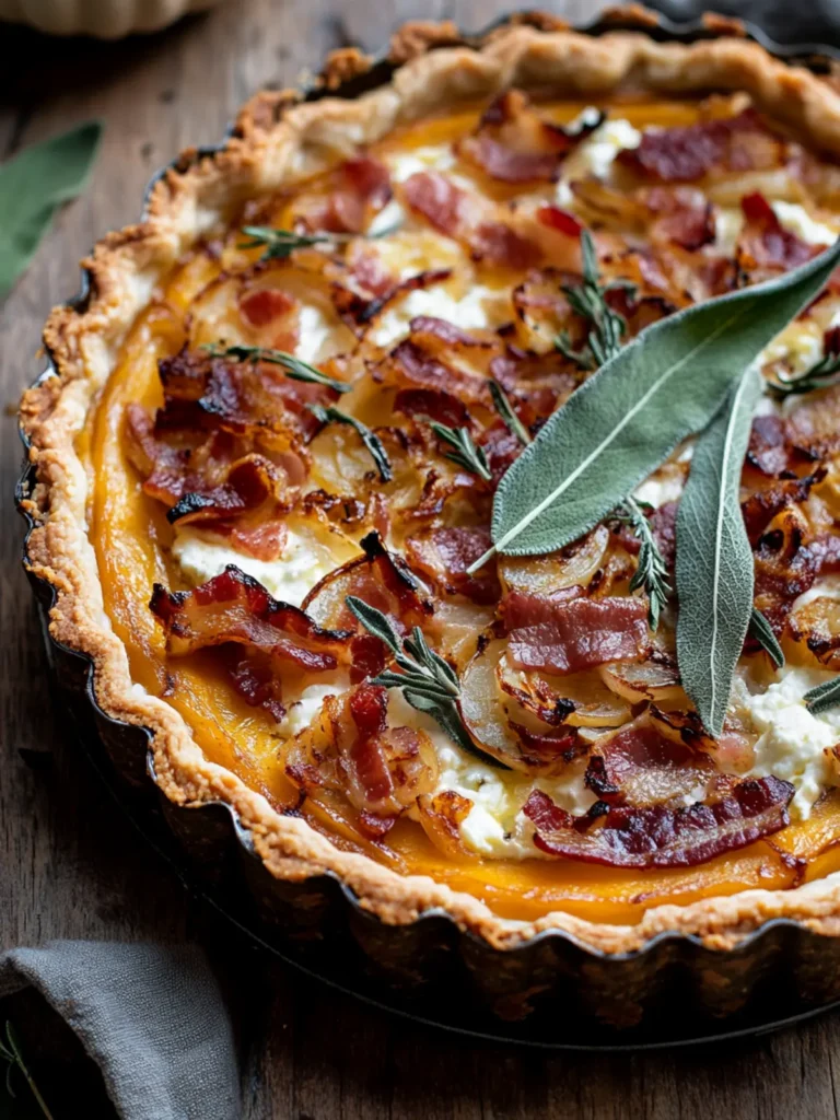 Pumpkin, Ricotta & Caramelized Onion Tart with Bacon and Sage