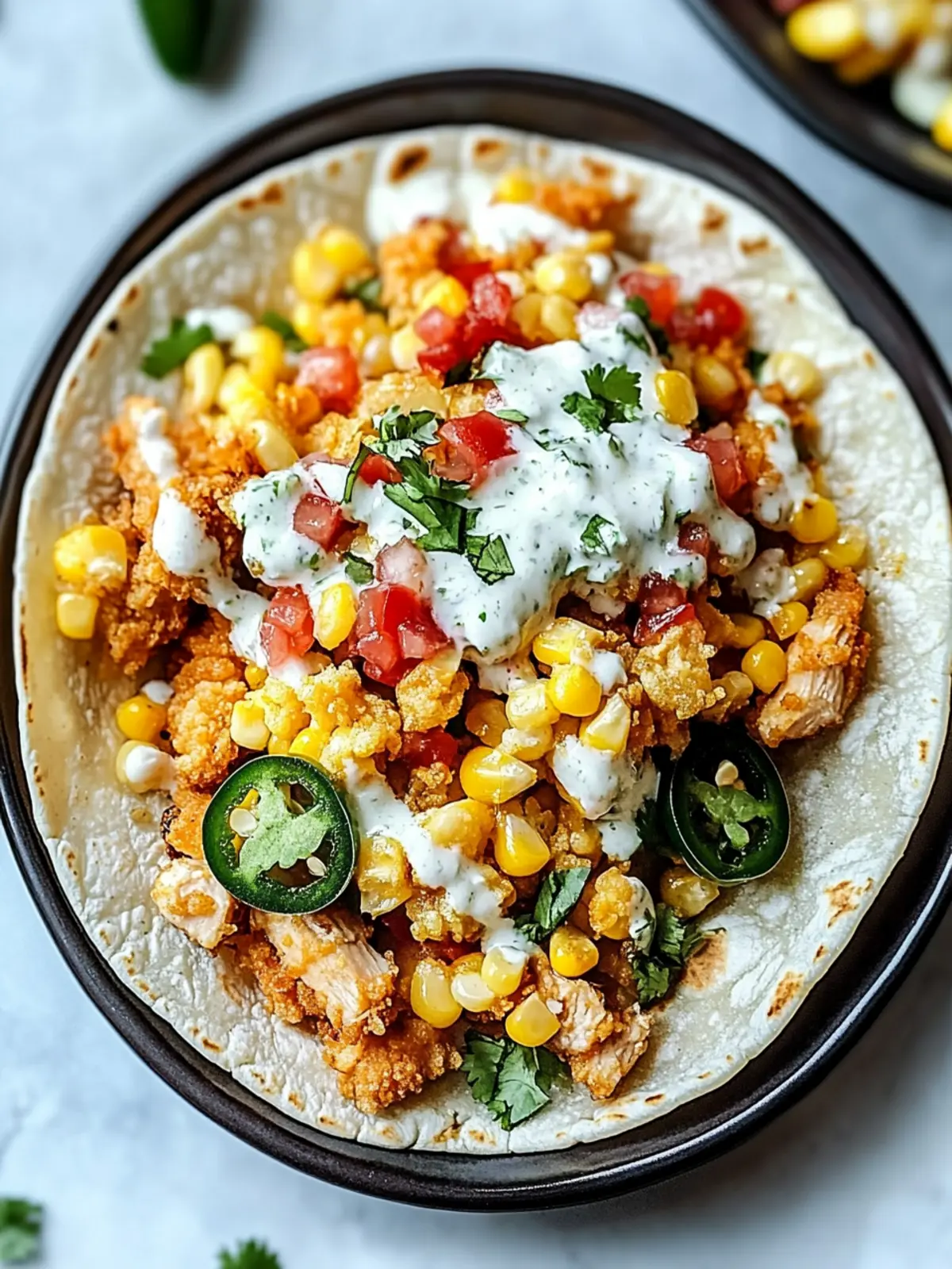 Fried Chicken Street Corn Tacos with Jalapeno Lime Ranch
