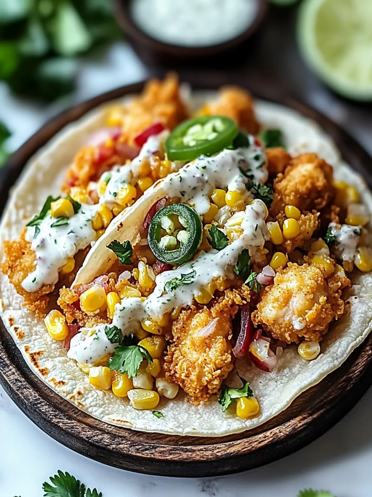 Fried Chicken Street Corn Tacos with Jalapeno Lime Ranch