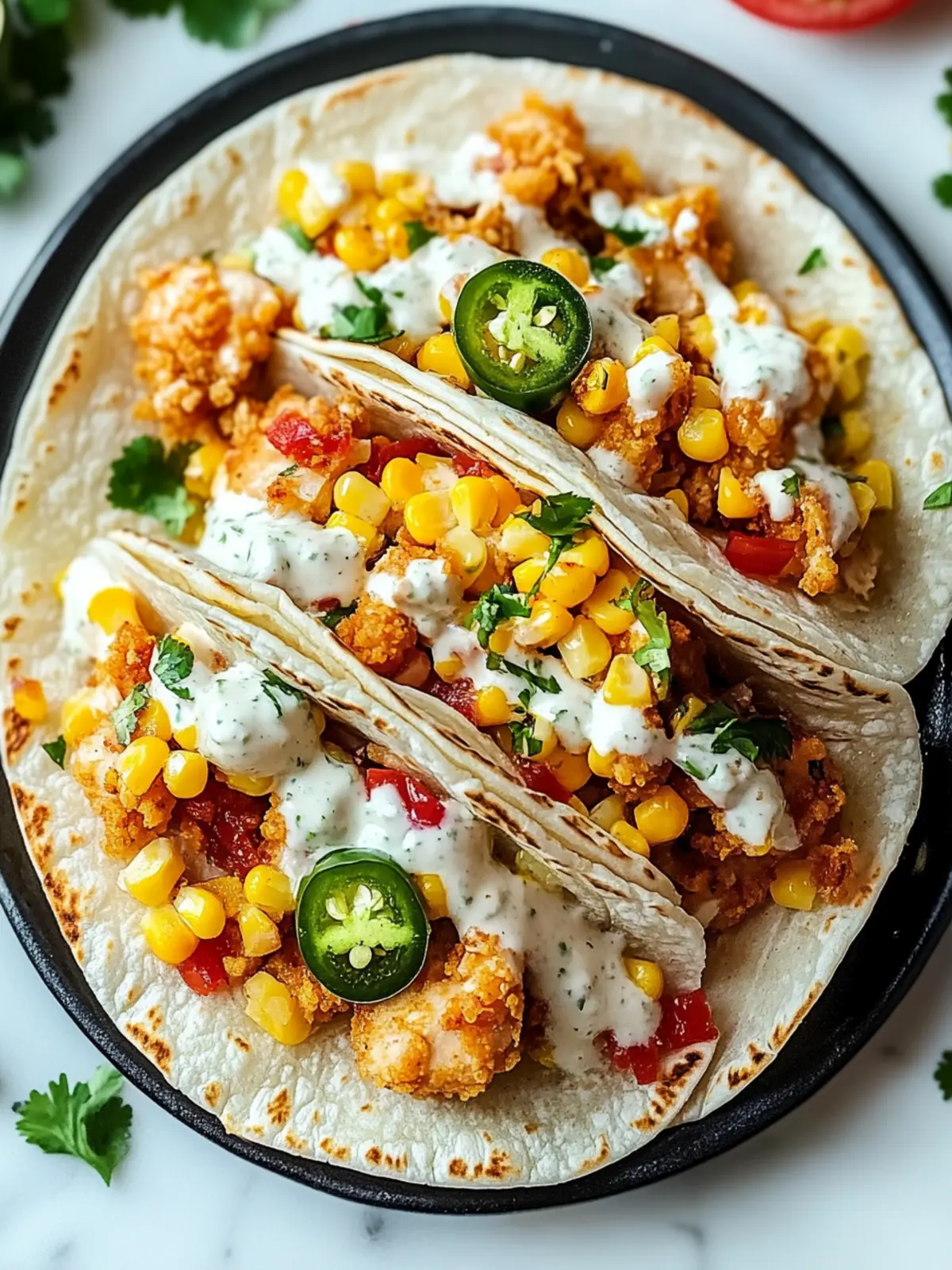 Fried Chicken Street Corn Tacos with Jalapeno Lime Ranch