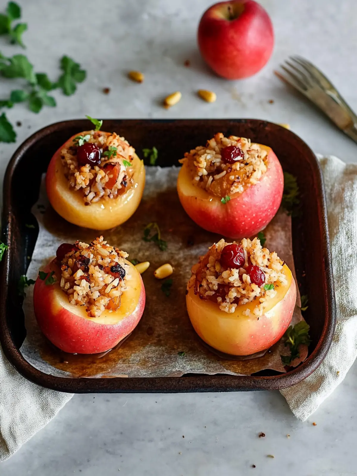 savoury stuffed apples with rice pine nuts and currants