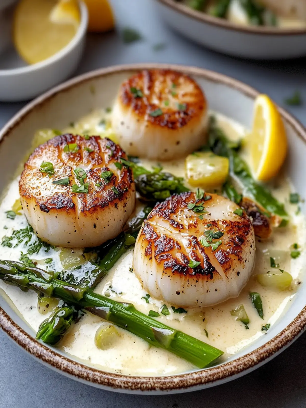 Seared Scallop Bowls with Asparagus & Creamy Sauce