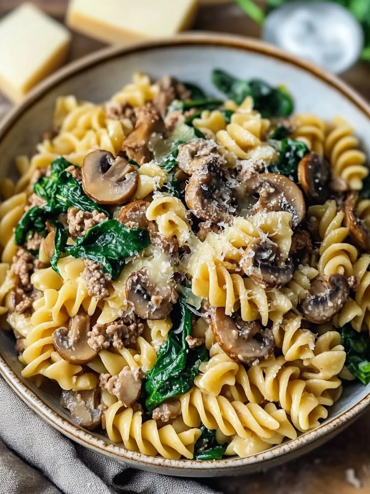 Cheesy Mushroom Spinach Beef Pasta