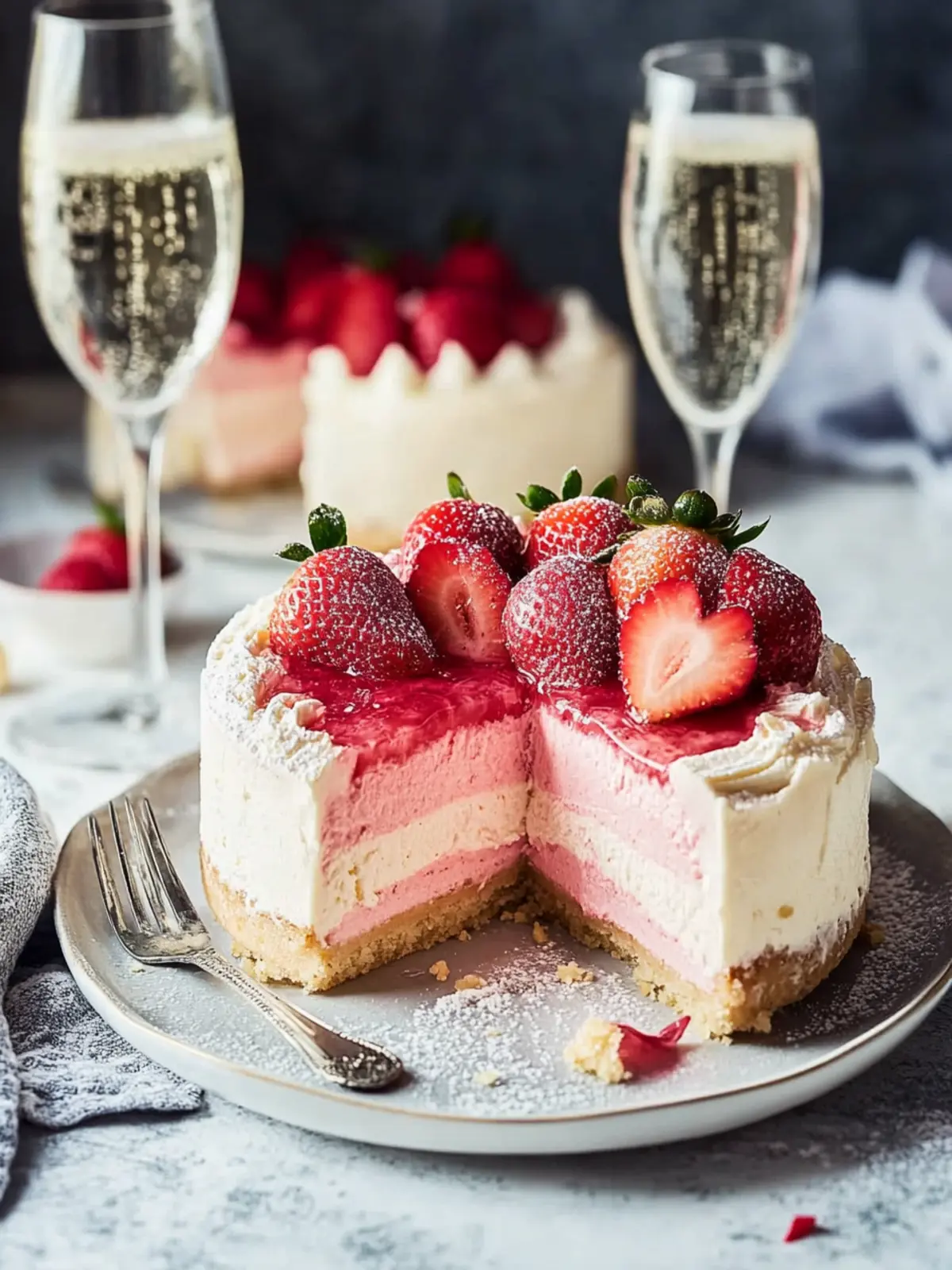 Strawberry Champagne Cheesecake with Champagne Cake Bottom