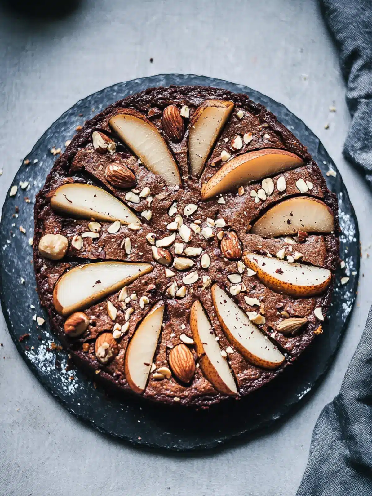 Flourless Chocolate Olive Oil Cake with Cardamom, Pears and Hazelnuts