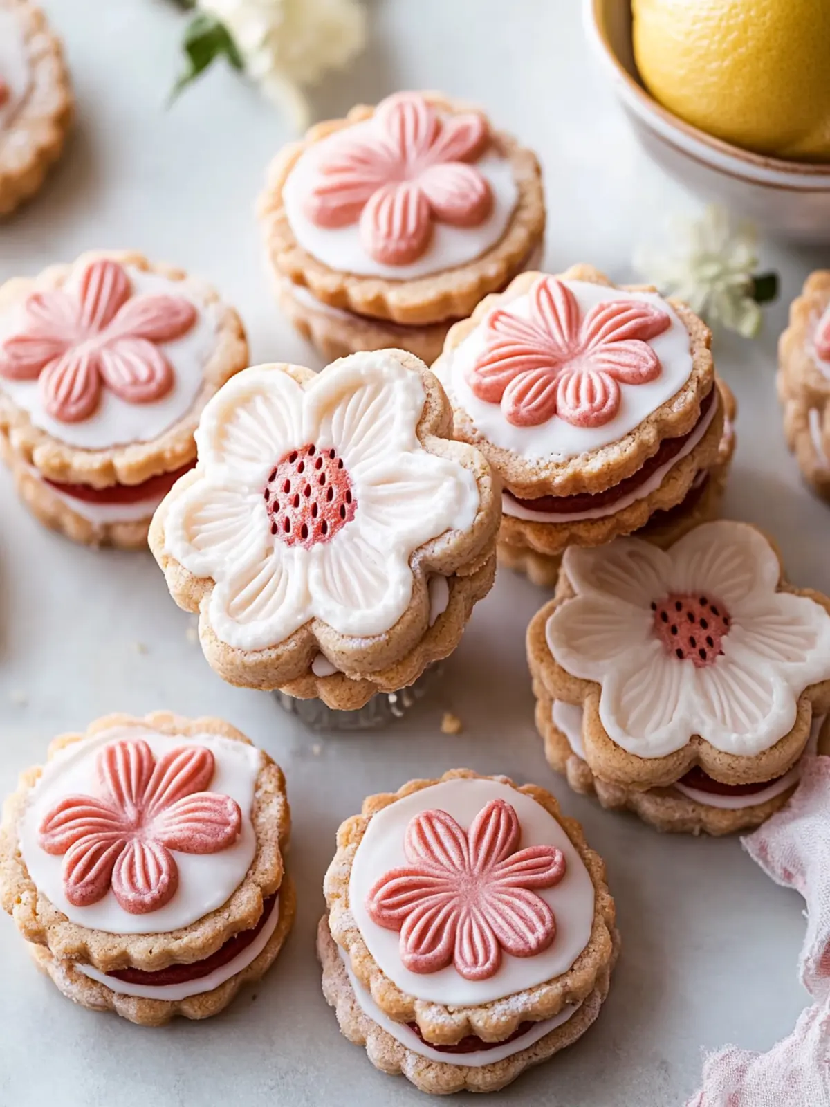 Flower Shaped Strawberry Lemon Sandwich Cookies
