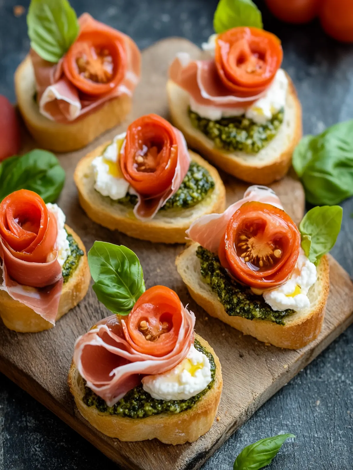 Tomato Crostini with Pesto, Ricotta and Prosciutto Roses