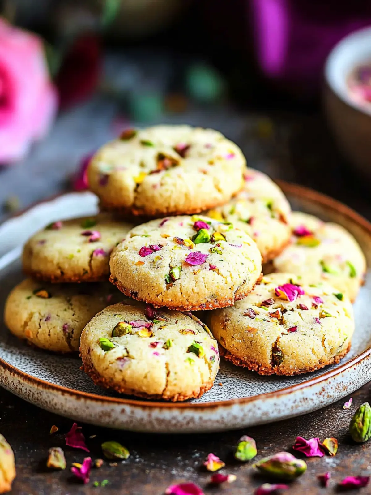 Rose Pistachio Shortbread Cookies (Elegant Eggless Floral Cookies for Festive Baking)