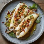 Stuffed Squid with Breadcrumbs, Fruits, & Pine Nuts Delight 2 Squid stuffed with breadcrumbs, dried fruits, pine nuts, capers and fennel