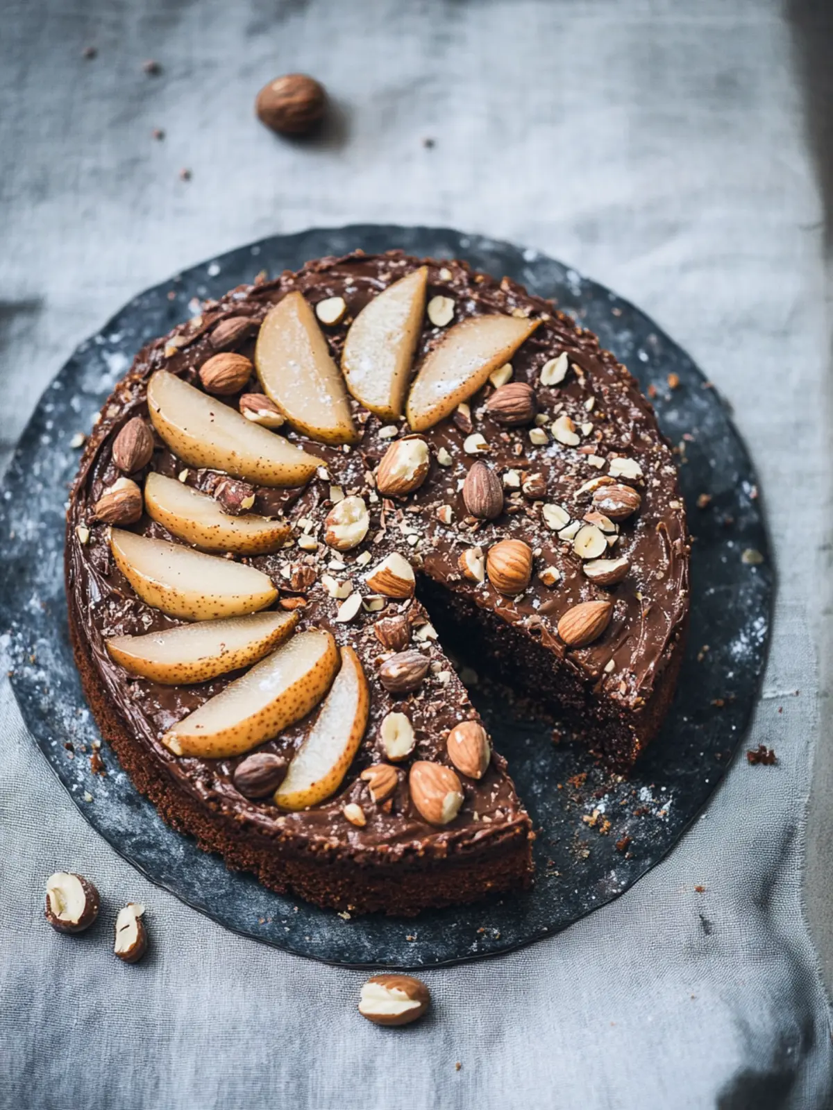 Flourless Chocolate Olive Oil Cake with Cardamom, Pears and Hazelnuts