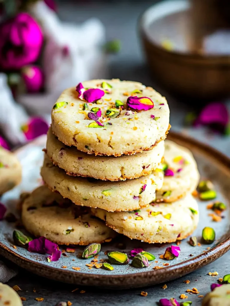 Rose Pistachio Shortbread Cookies (Elegant Eggless Floral Cookies for Festive Baking)