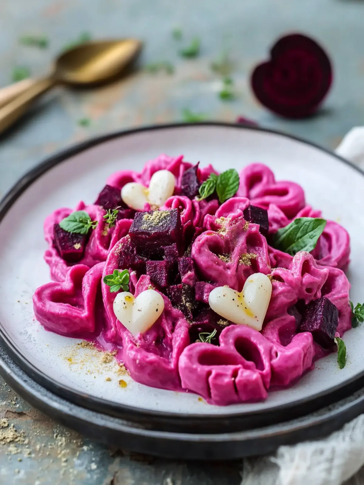 Heart-Shaped Pasta in Pink Beetroot Sauce