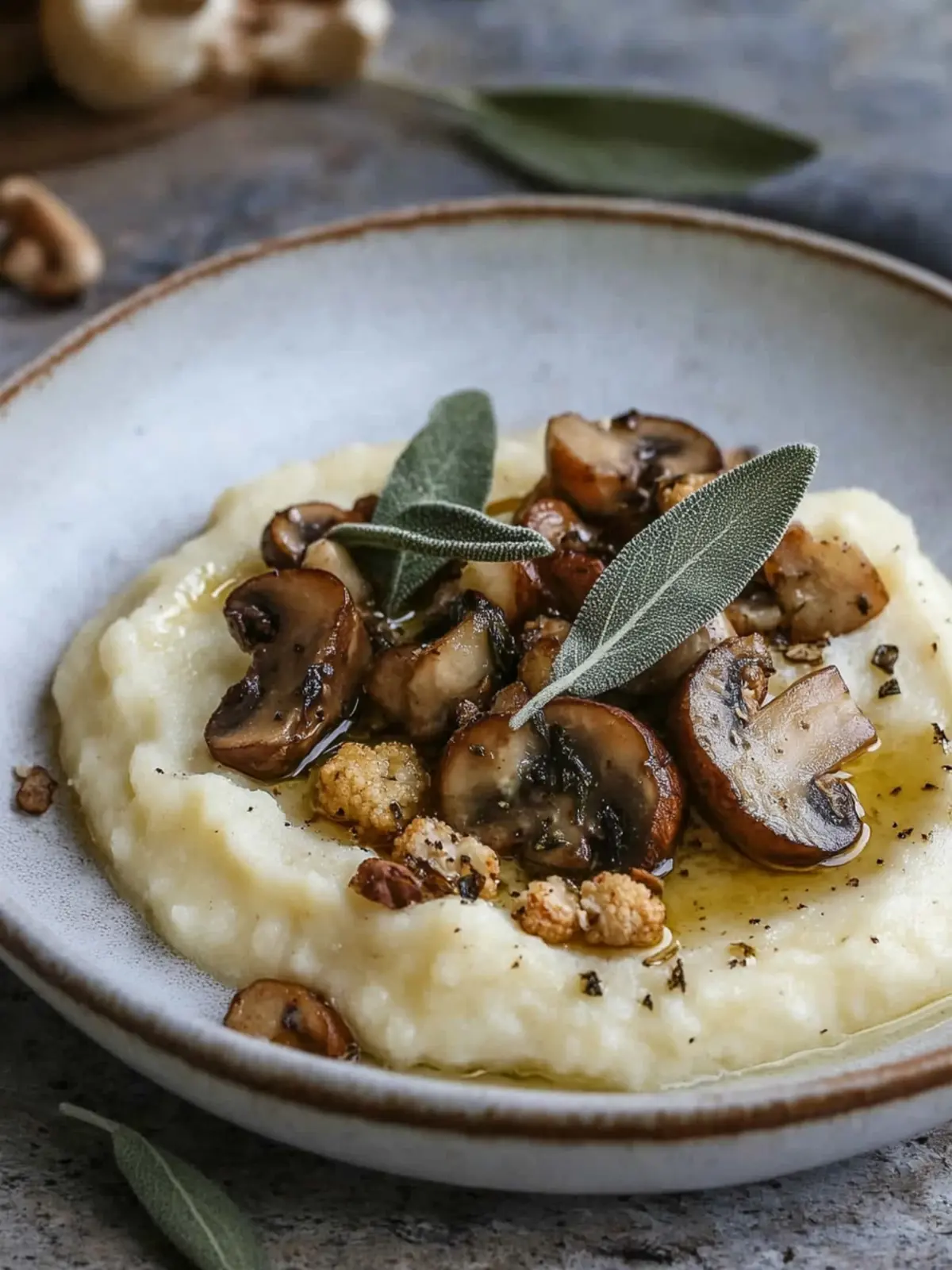 Truffled cauliflower puree with mushrooms and sage butter