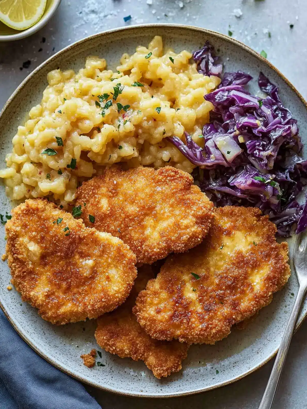 Schnitzel Over Buttered Spätzle with Sweet and Sour Cabbage