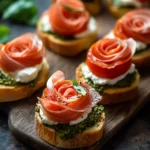 Tomato Crostini with Pesto, Ricotta and Prosciutto Roses