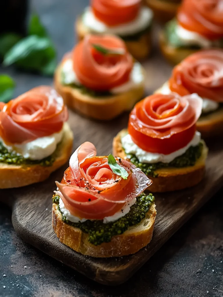 Tomato Crostini with Pesto, Ricotta and Prosciutto Roses
