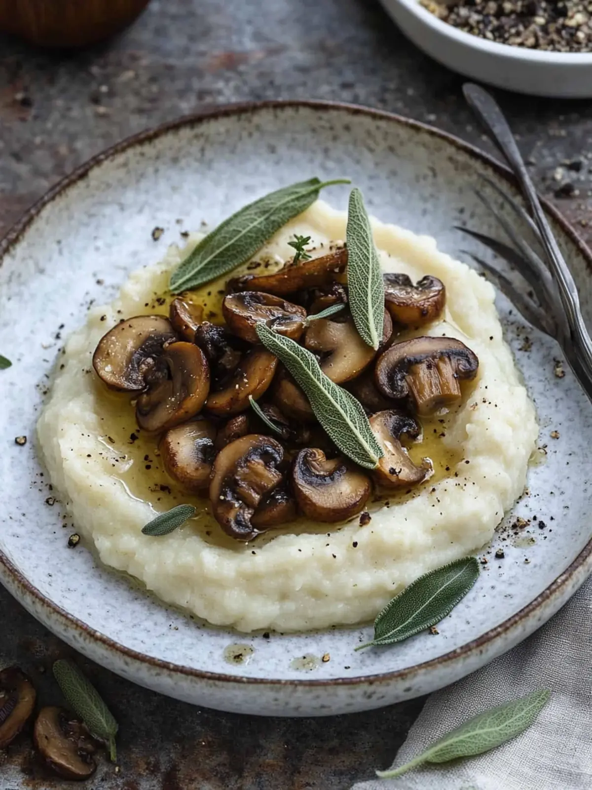 Truffled cauliflower puree with mushrooms and sage butter