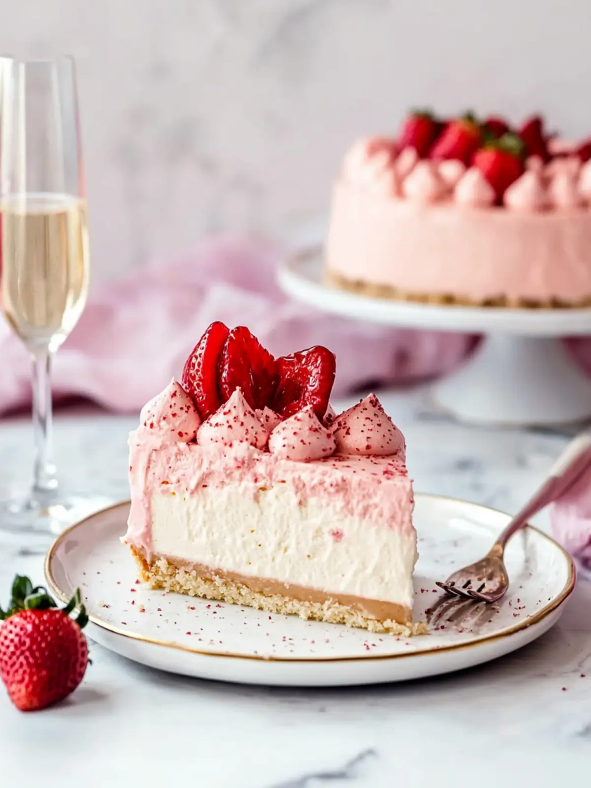 Strawberry Champagne Cheesecake with Champagne Cake Bottom
