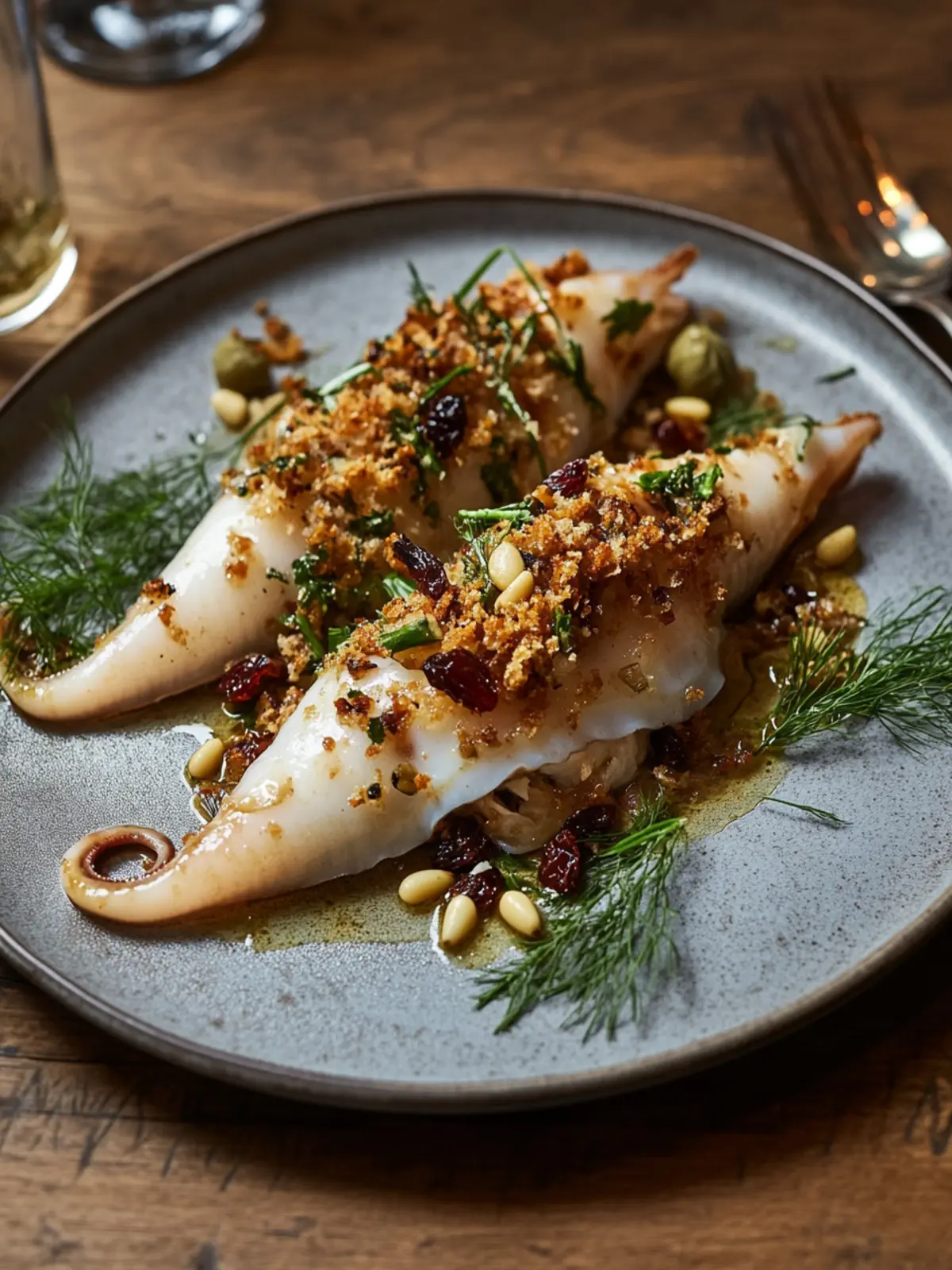 Stuffed Squid with Breadcrumbs, Fruits, & Pine Nuts Delight 4 Squid stuffed with breadcrumbs, dried fruits, pine nuts, capers and fennel
