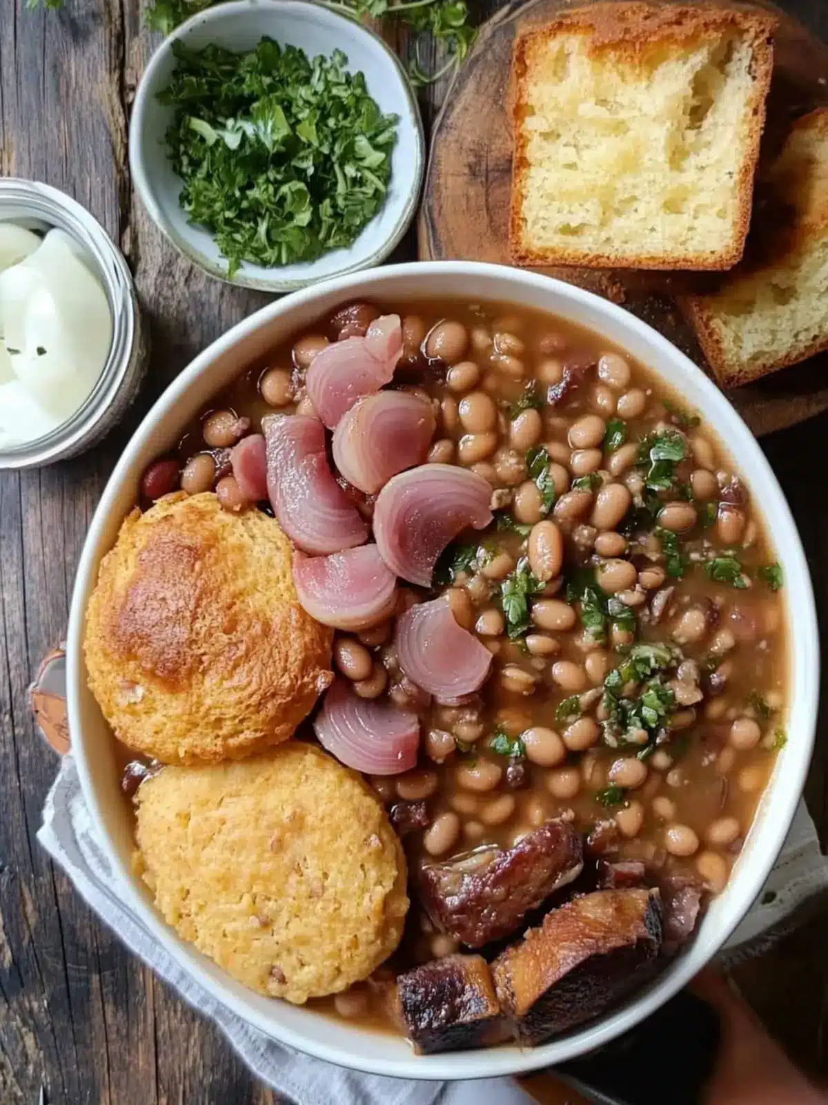 Savory Pinto Beans & Ham Hocks with Cornbread & Pickled Onions 3 Pinto Beans, Ham Hocks, Cornbread & Pickled Onions