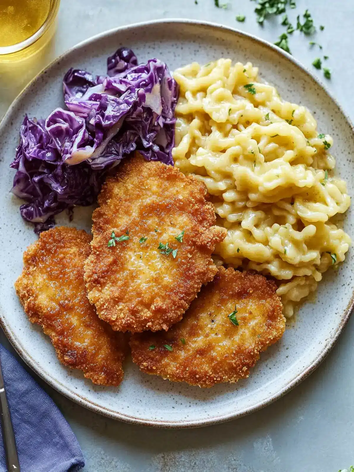 Schnitzel Over Buttered Spätzle with Sweet and Sour Cabbage