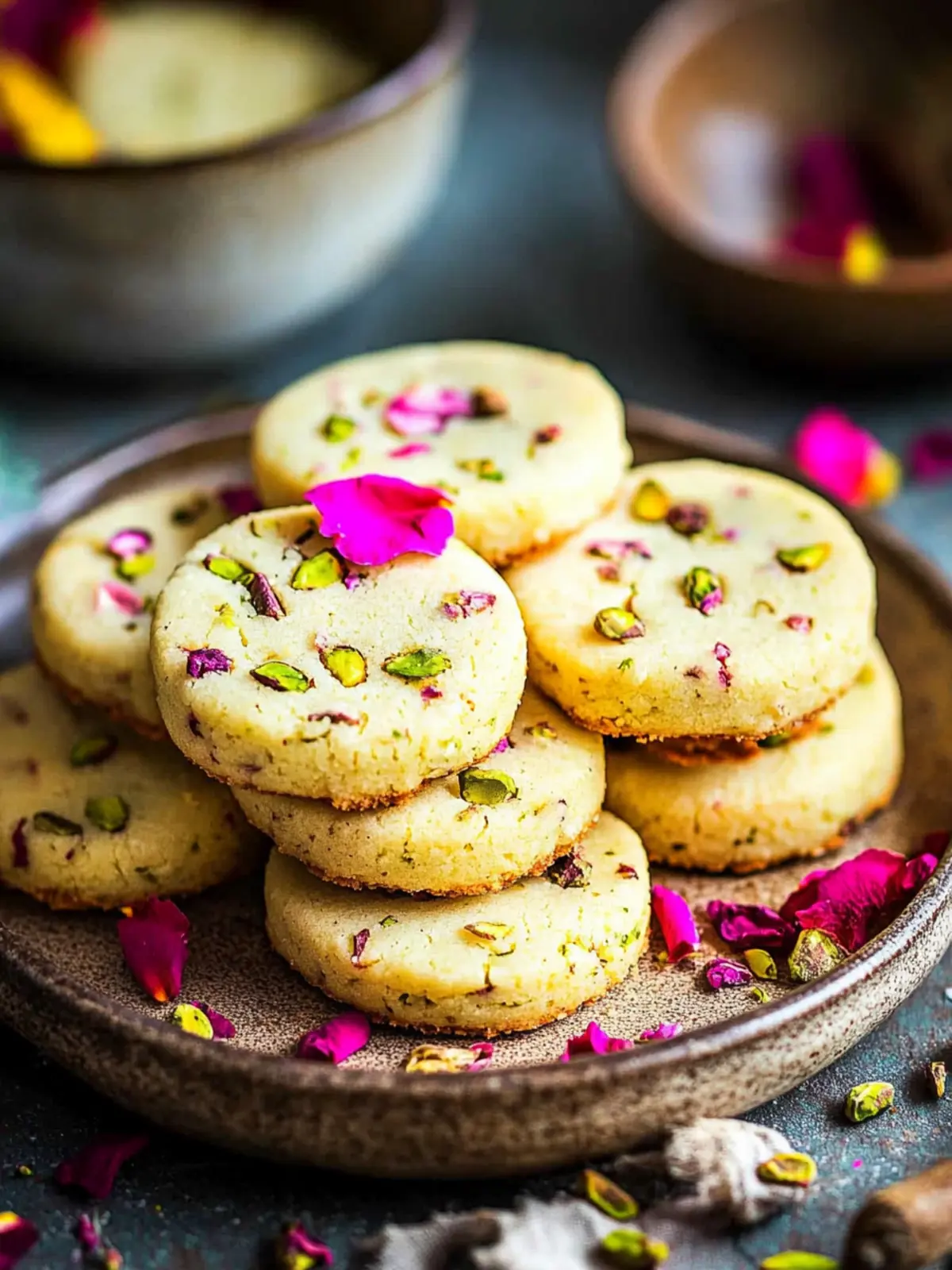 Rose Pistachio Shortbread Cookies (Elegant Eggless Floral Cookies for Festive Baking)