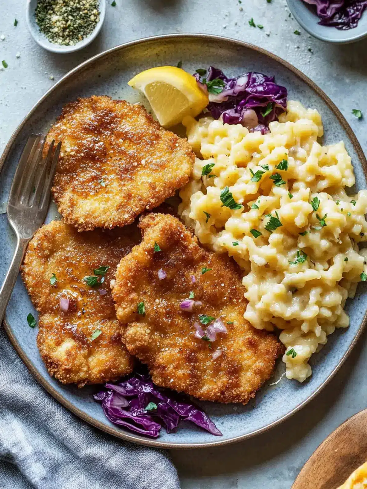 Schnitzel Over Buttered Spätzle with Sweet and Sour Cabbage