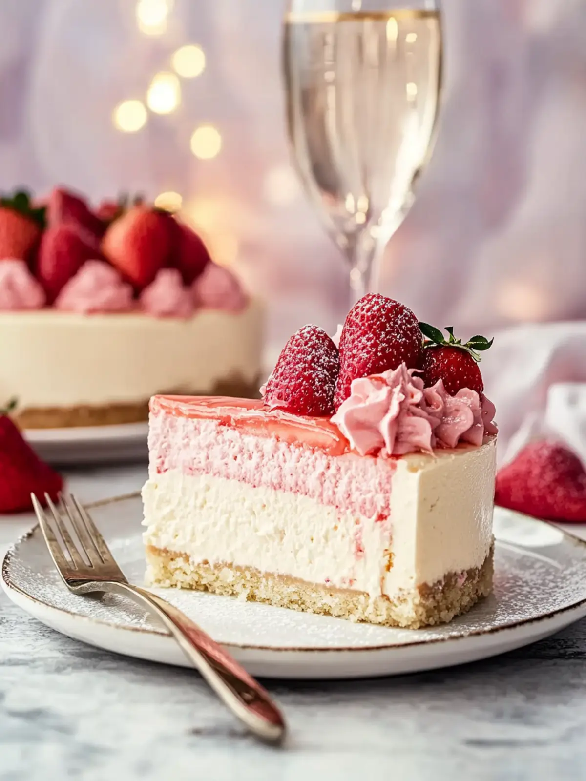 Strawberry Champagne Cheesecake with Champagne Cake Bottom