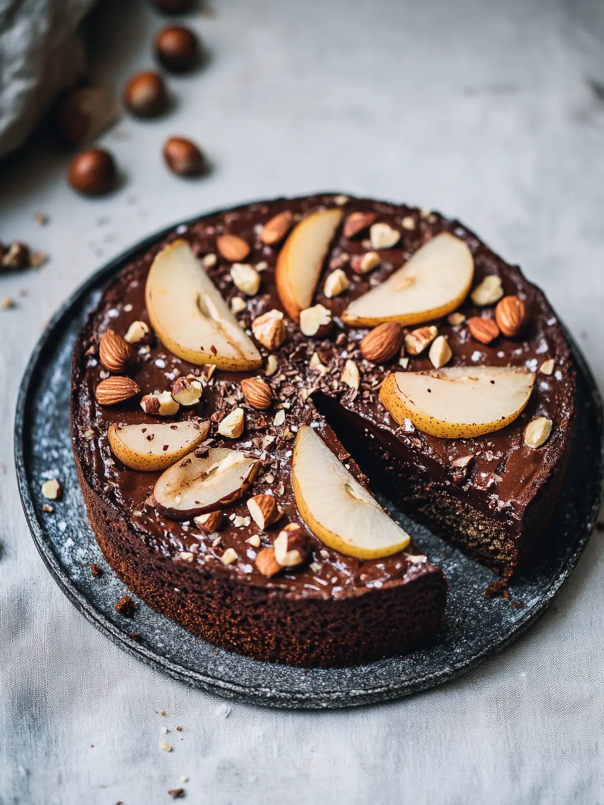 Flourless Chocolate Olive Oil Cake with Cardamom, Pears and Hazelnuts