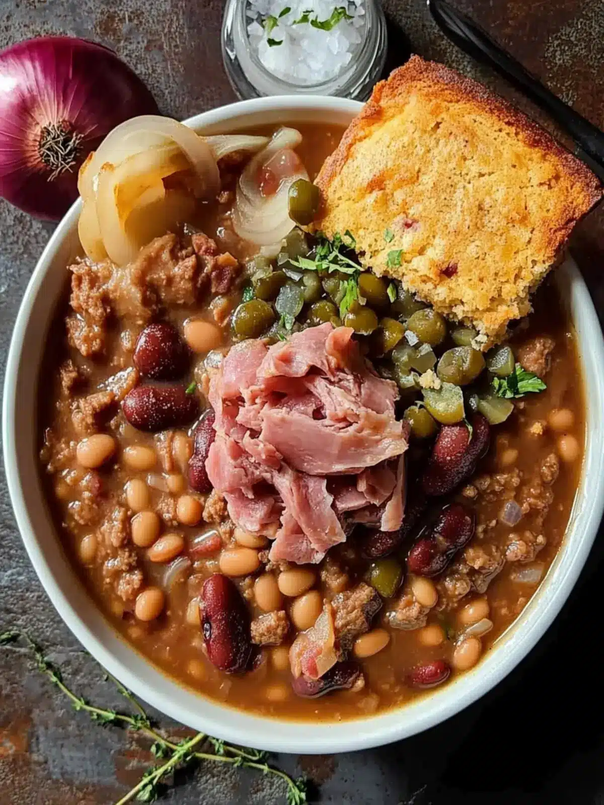 Savory Pinto Beans & Ham Hocks with Cornbread & Pickled Onions 2 Pinto Beans, Ham Hocks, Cornbread & Pickled Onions