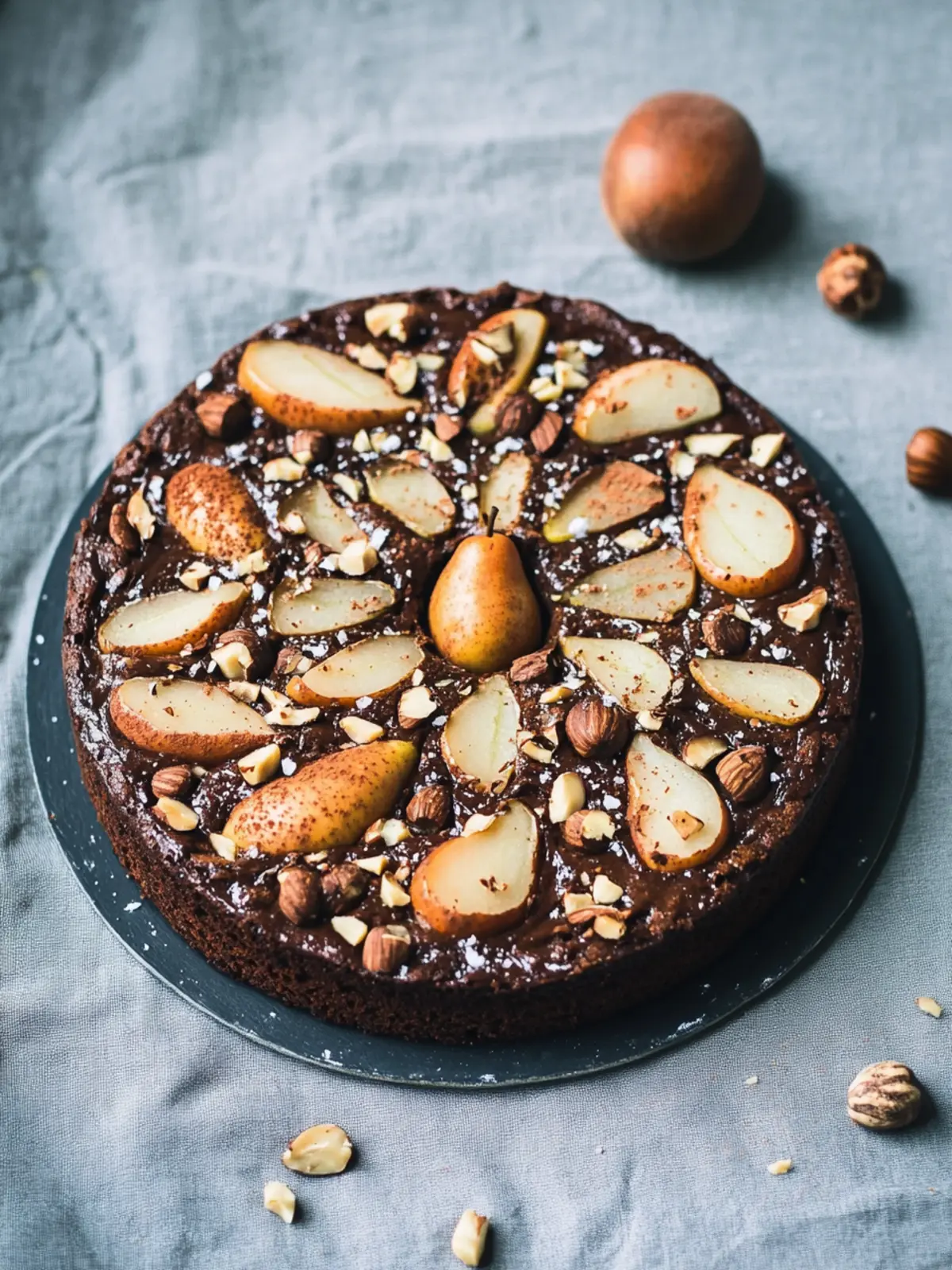 Flourless Chocolate Olive Oil Cake with Cardamom, Pears and Hazelnuts