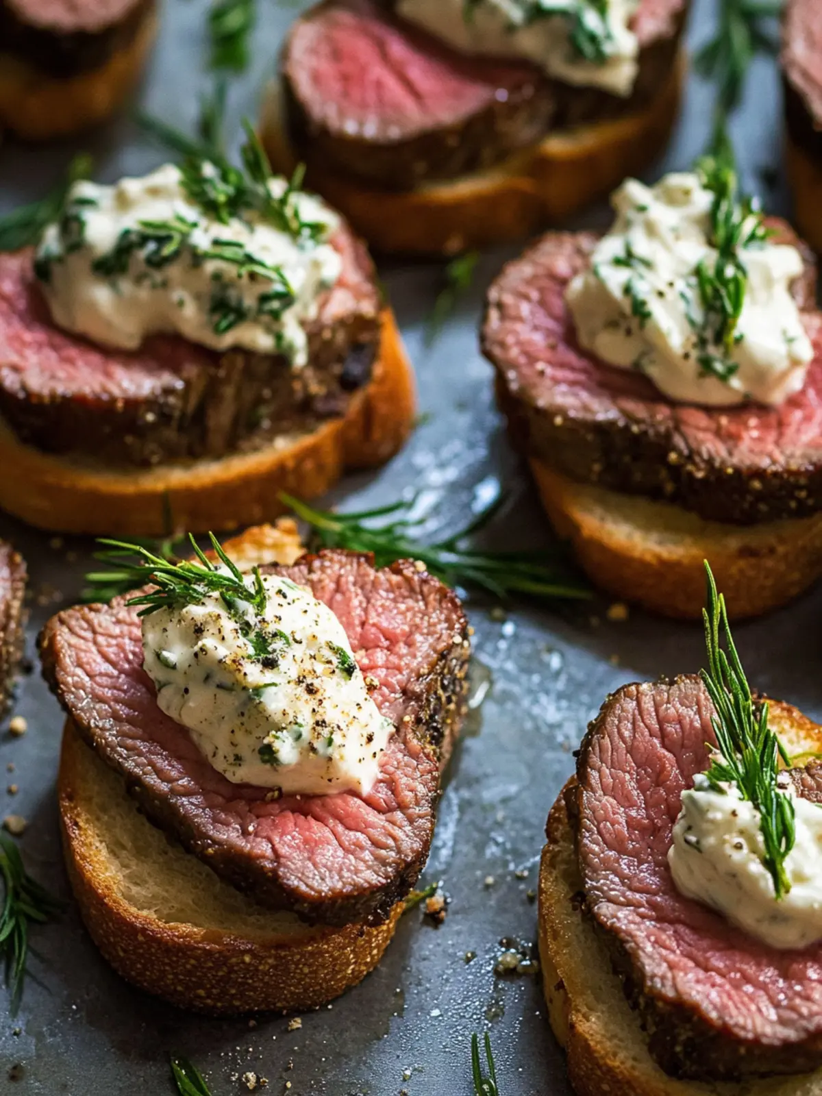 Seared Beef Tenderloin Crostini with Horseradish Cream