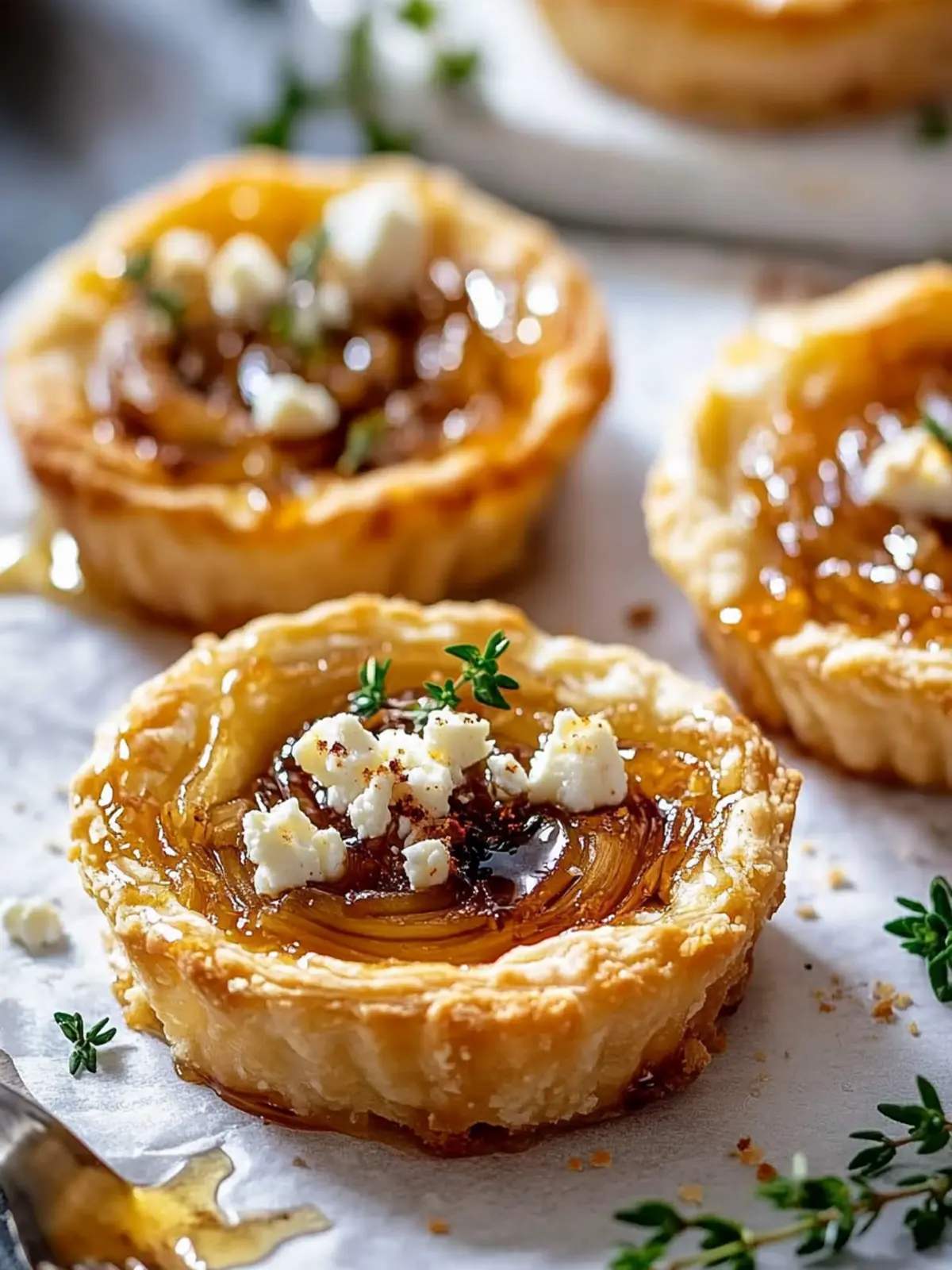 Delicious Sticky Shallot & Feta Tartlets with Hot Honey Drizzle