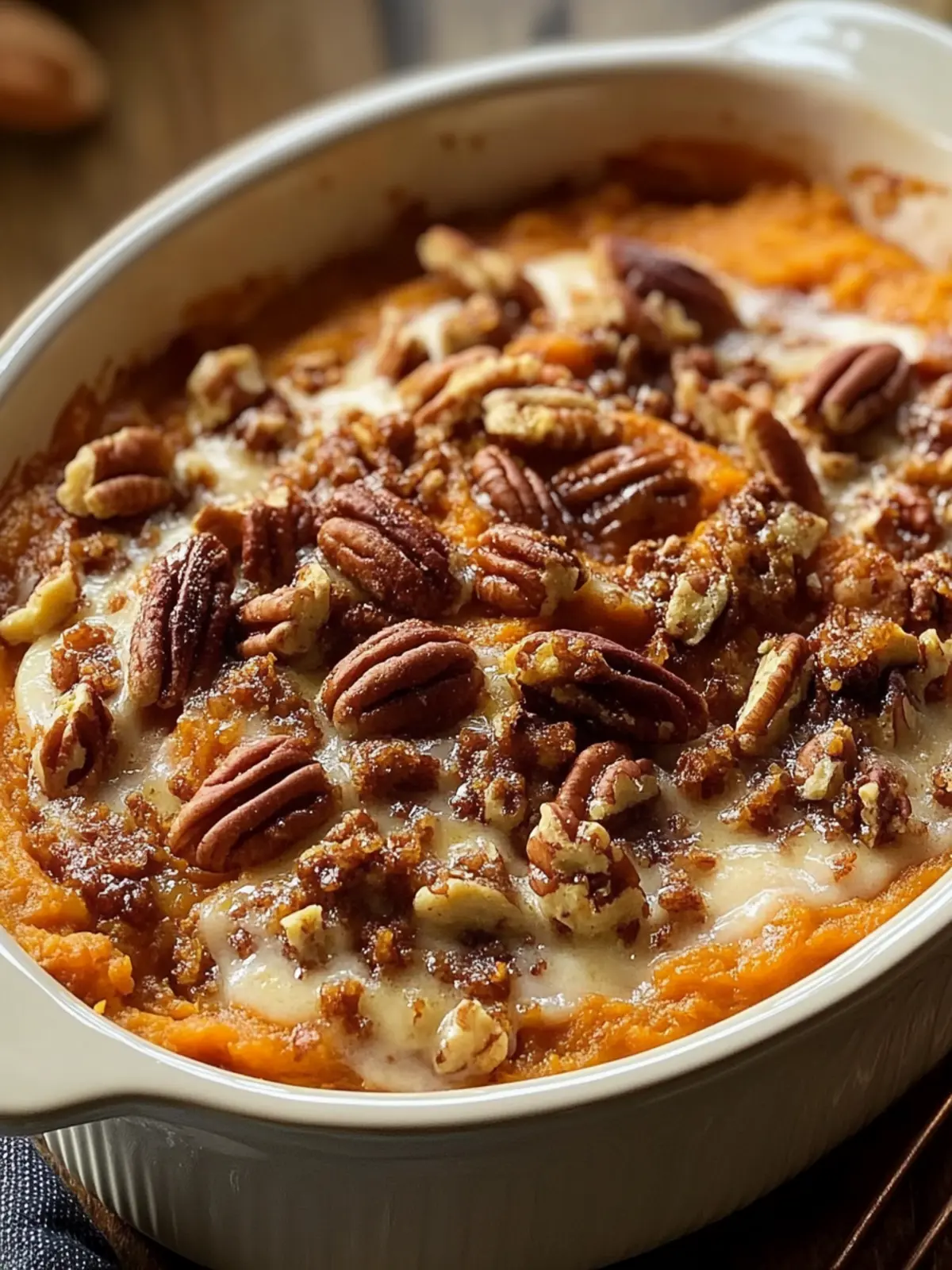 Southern Maple Sweet Potato Casserole with Candied Pecans