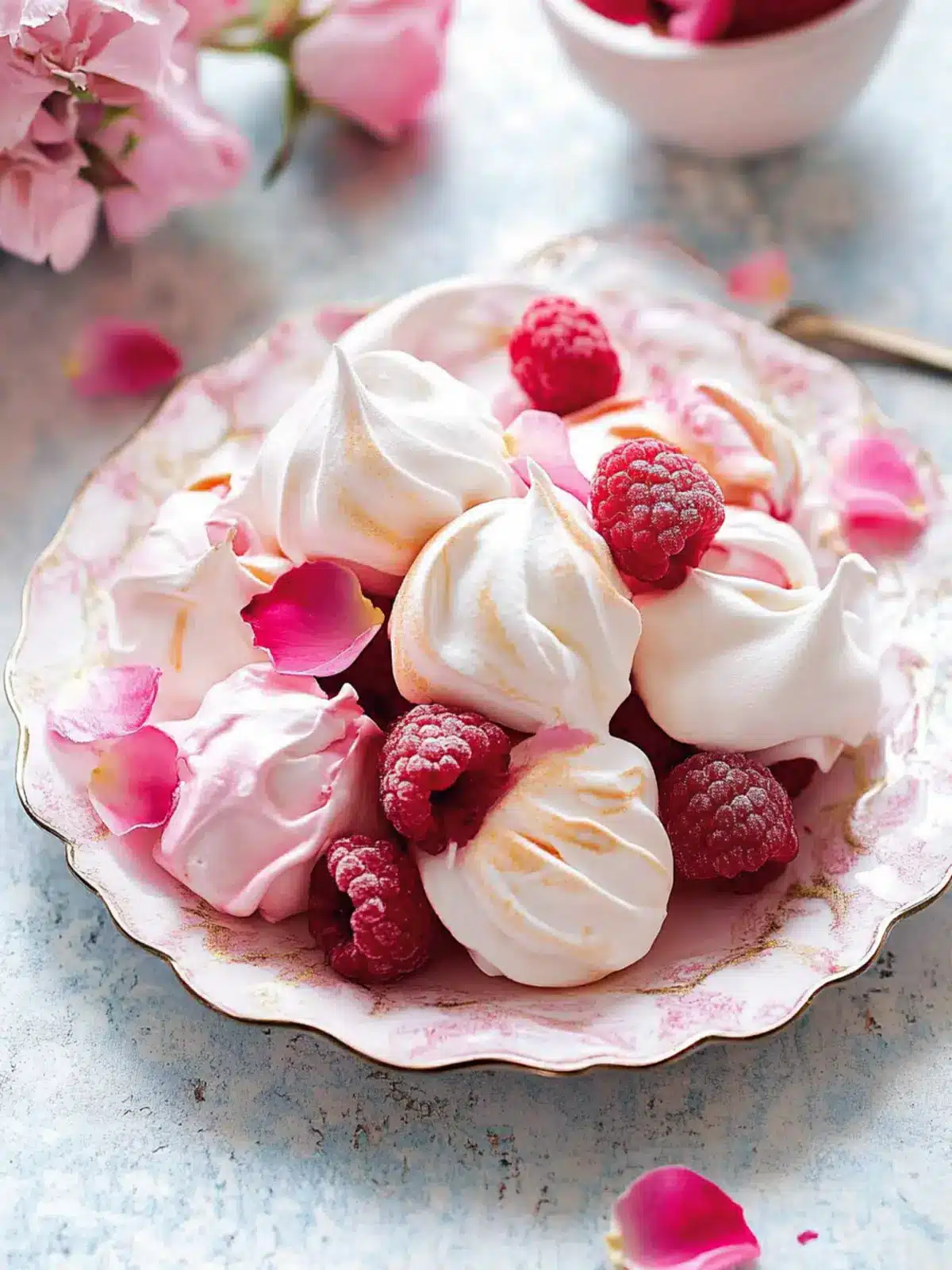 Raspberry and rose petal meringues